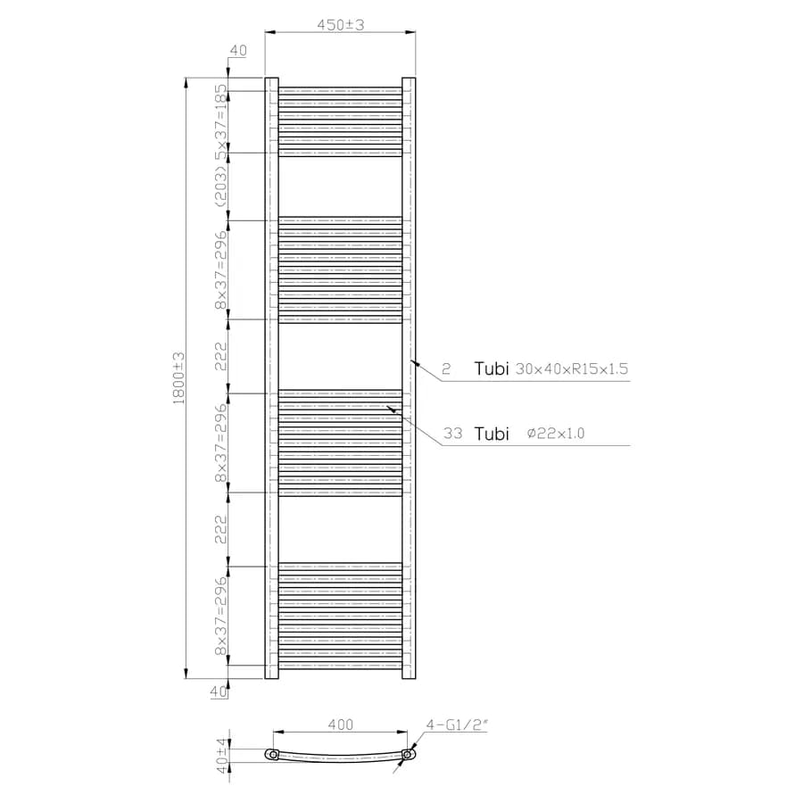 Termoarredo scaldasalviette 1800x450 cromato curvo interasse 400 mm - Alpina