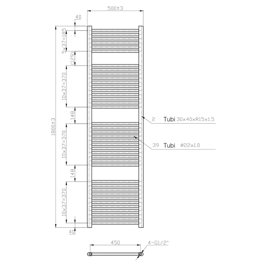 Termoarredo scaldasalviette 1800x500 cromato interasse 450 - Alpina