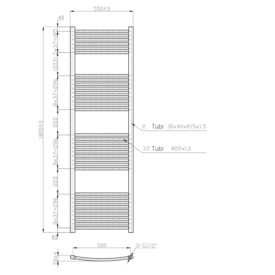 Termoarredo scaldasalviette 1800x550 bianco curvo interasse 500 mm - Alpina