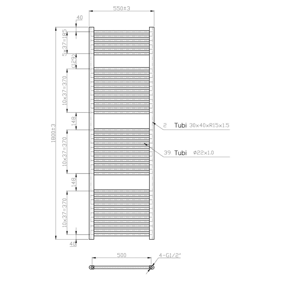 Termoarredo scaldasalviette 1800x550 cromo dritto interasse 500 mm - Alpina