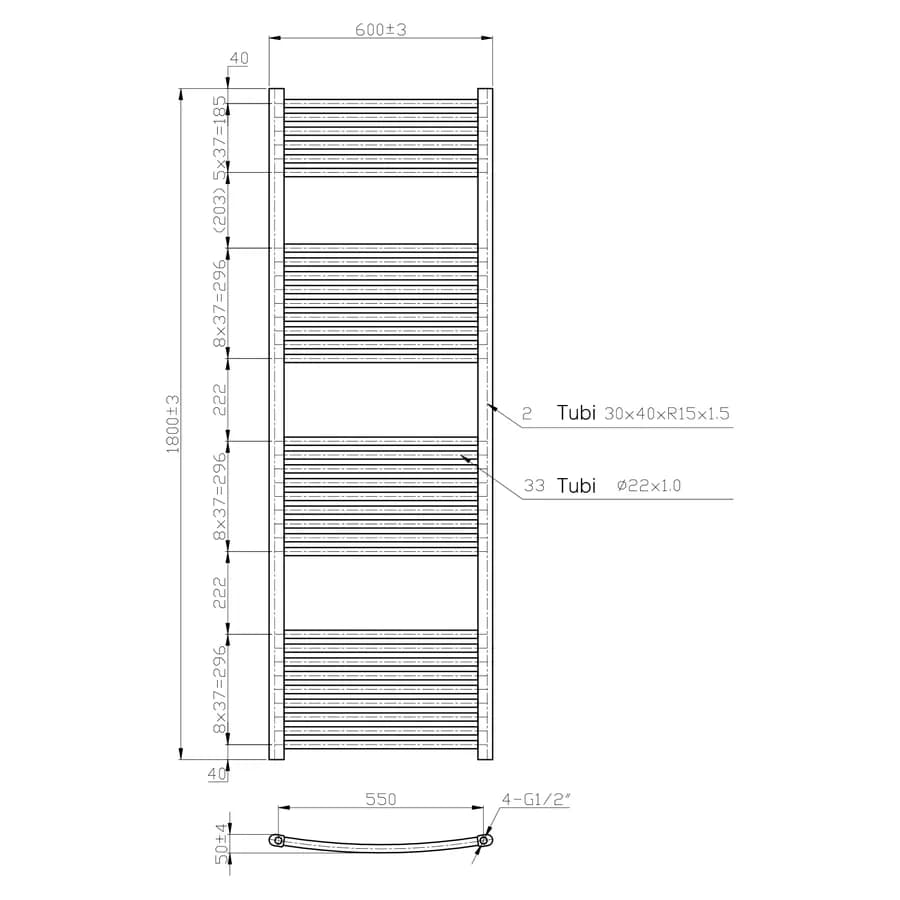 Termoarredo scaldasalviette 1800x600 cromato curvo interasse 550 mm - Alpina