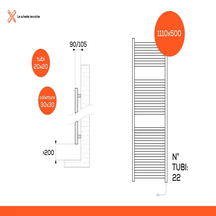 Termoarredo elettrico 1110x500mm potenza 300W presa shuko cromo - E-Todi di Lazzarini