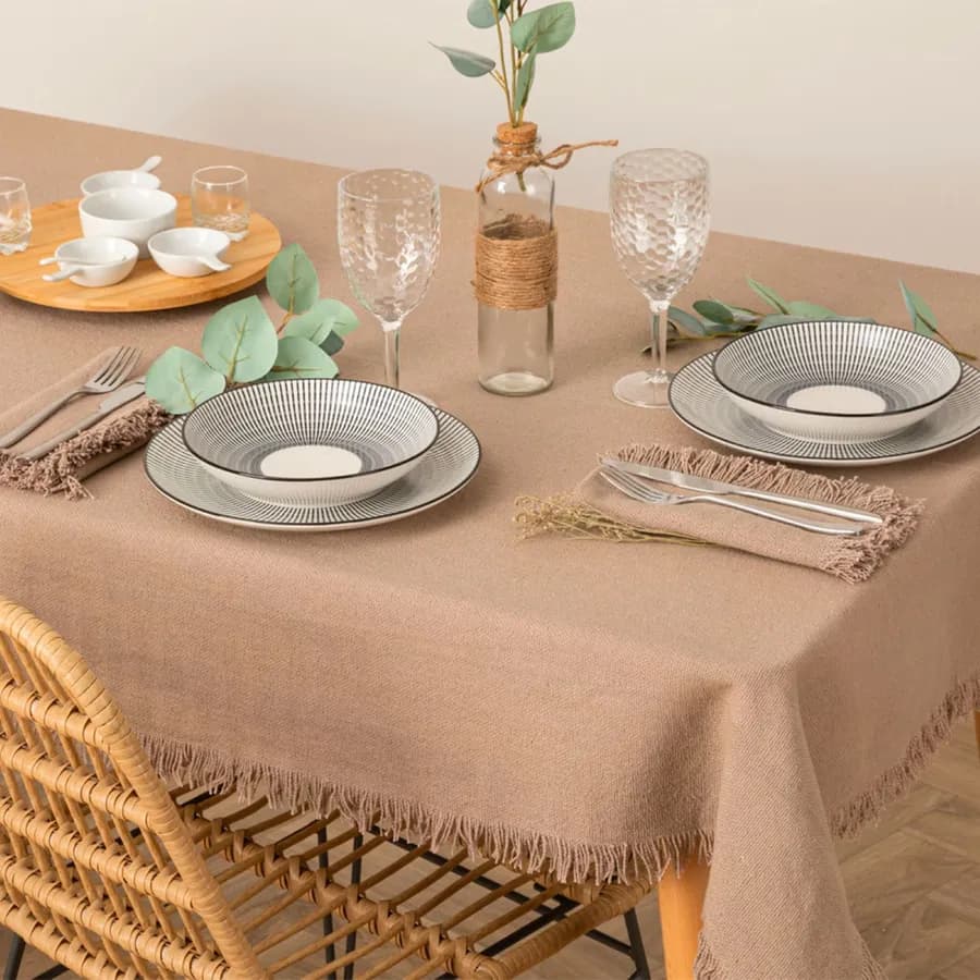 Tovaglia 250x150 cm in cotone grigio tortora con frange - Saphir