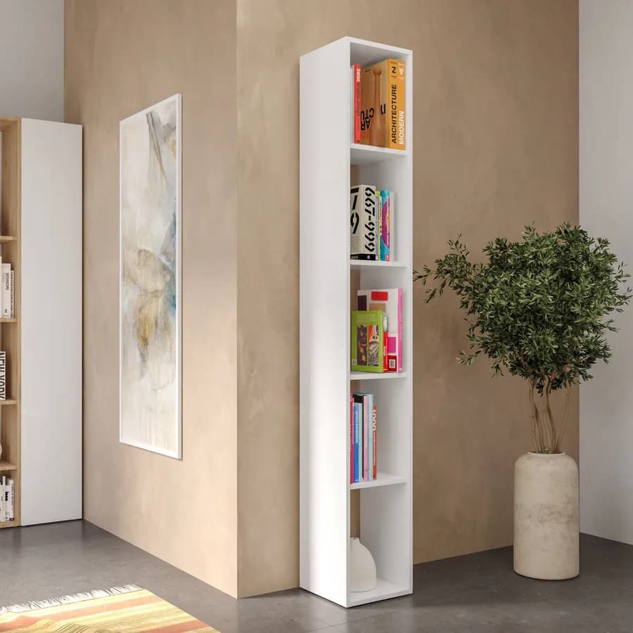 Libreria 28x185h cm bianco lucido con 4 ripiani regolabili in altezza - Clary