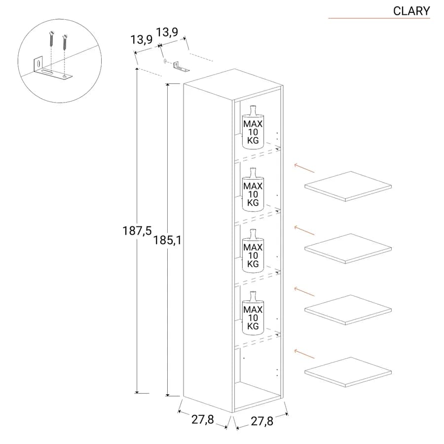 Libreria 28x185h cm lava con 4 ripiani regolabili in altezza - Clary