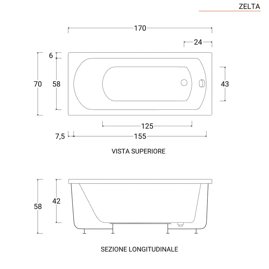Vasca da bagno reversibile 170 x 70 cm in acrilico 3 lati - Zelta