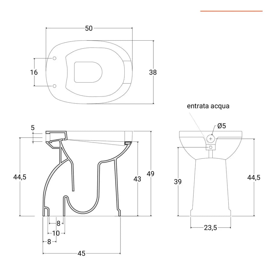 Vaso bidet da 50h cm in ceramica con apertura frontale e scarico a terra