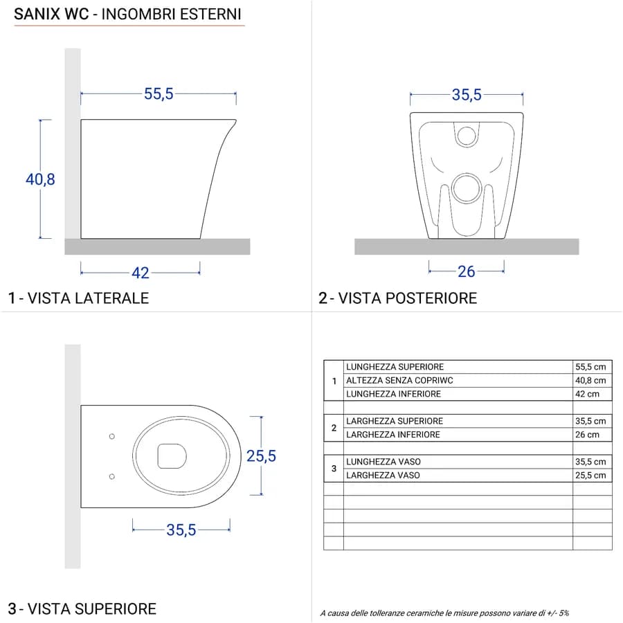 Vaso filomuro con scarico traslato e con copri wc bianco lucido - Sanix