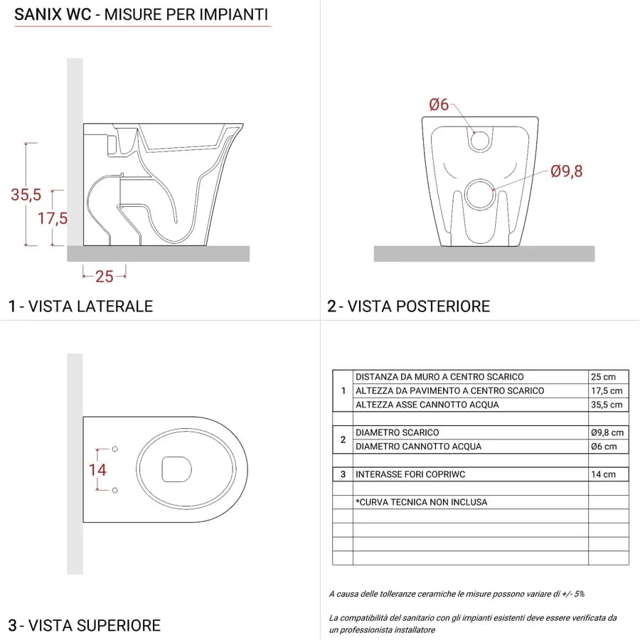 Vaso filomuro con scarico traslato e con copri wc bianco lucido - Sanix