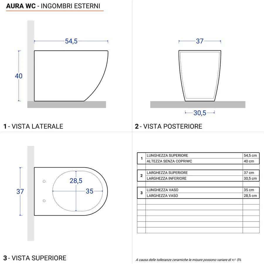 Vaso filomuro con sedile soft-close in ceramica bianca - Aura