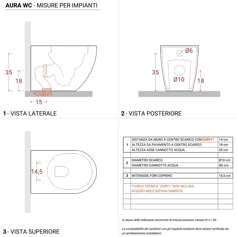 Vaso filomuro con sedile soft-close in ceramica bianca - Aura
