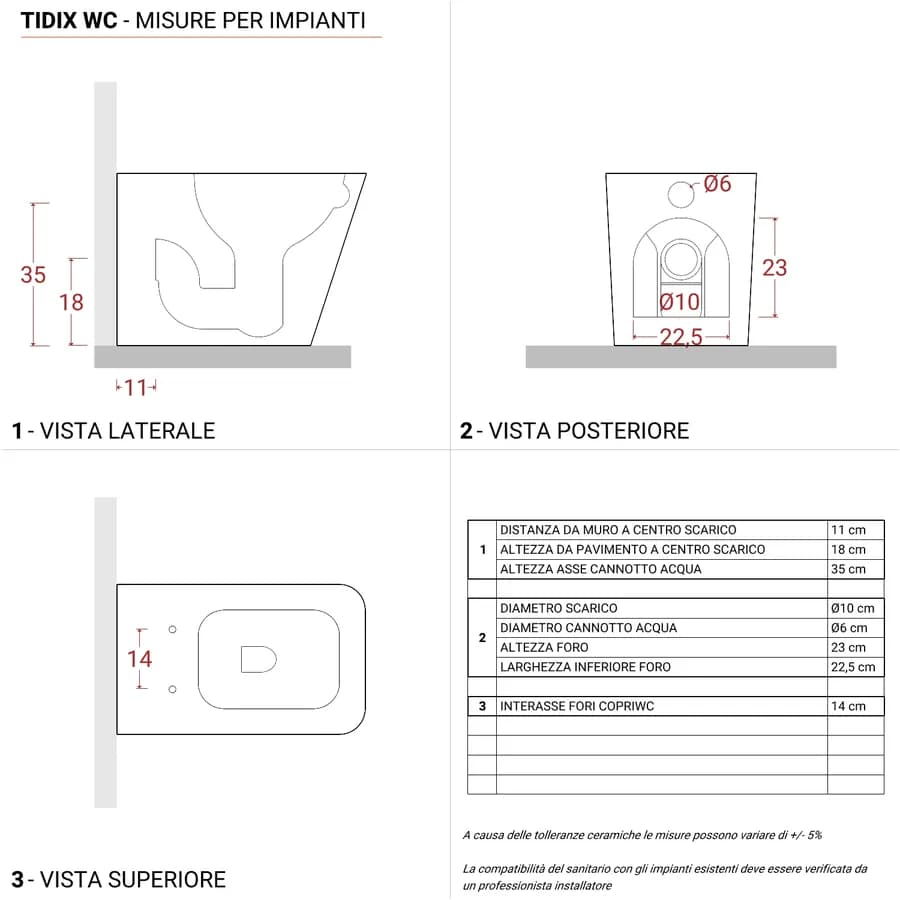 Vaso filomuro con sedile soft- close in ceramica bianca - Tidix