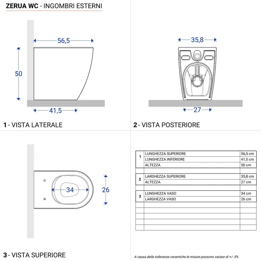 Vaso filomuro H 50 cm in ceramica bianco lucido con copriwc - Zerua