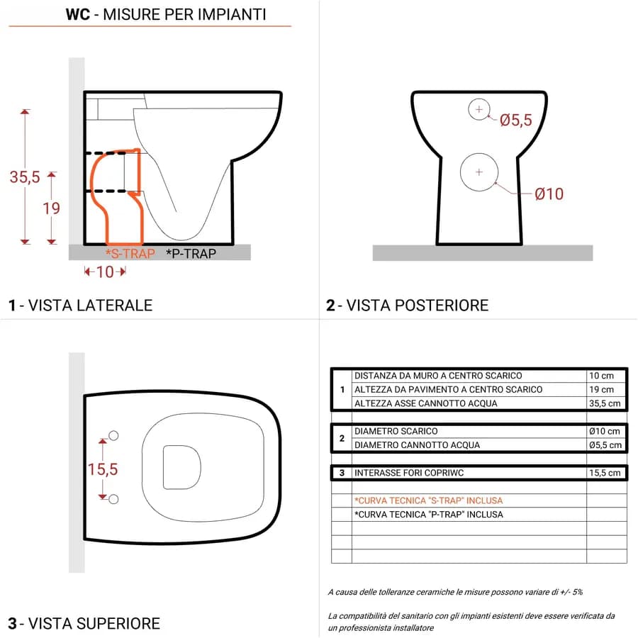 Vaso filomuro in ceramica con copriwc 35 x 40 cm wc singolo - Proven