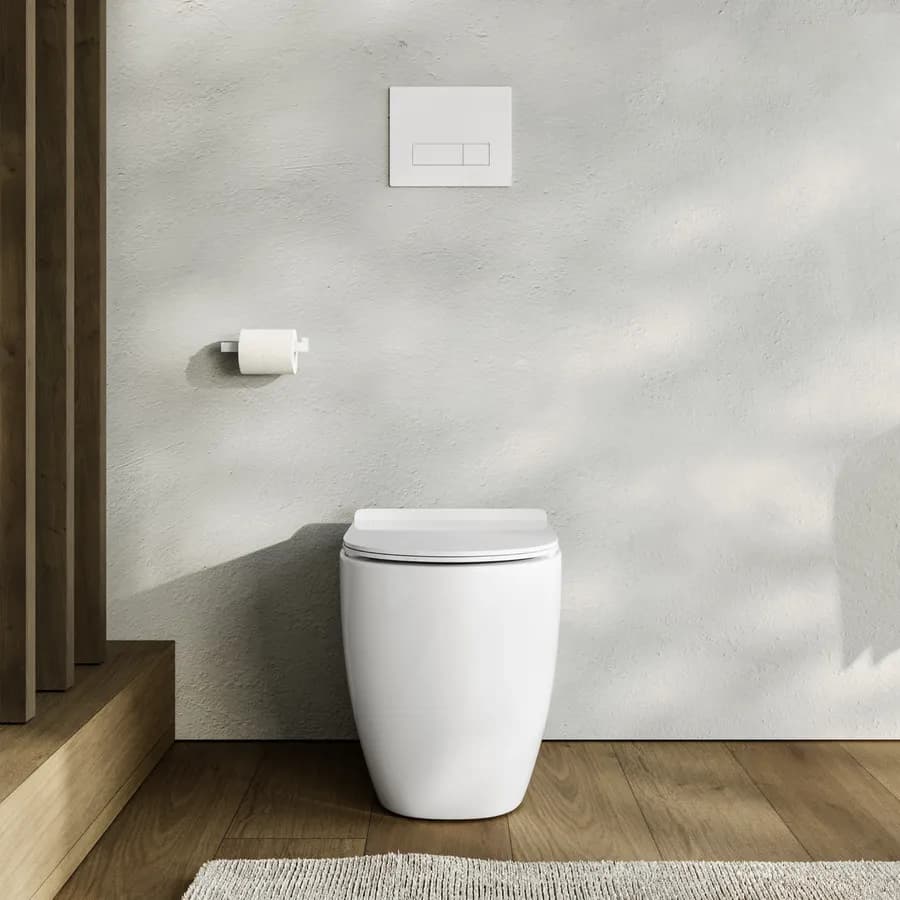Vaso filomuro in ceramica con scarico traslato e copriwc softclose - One