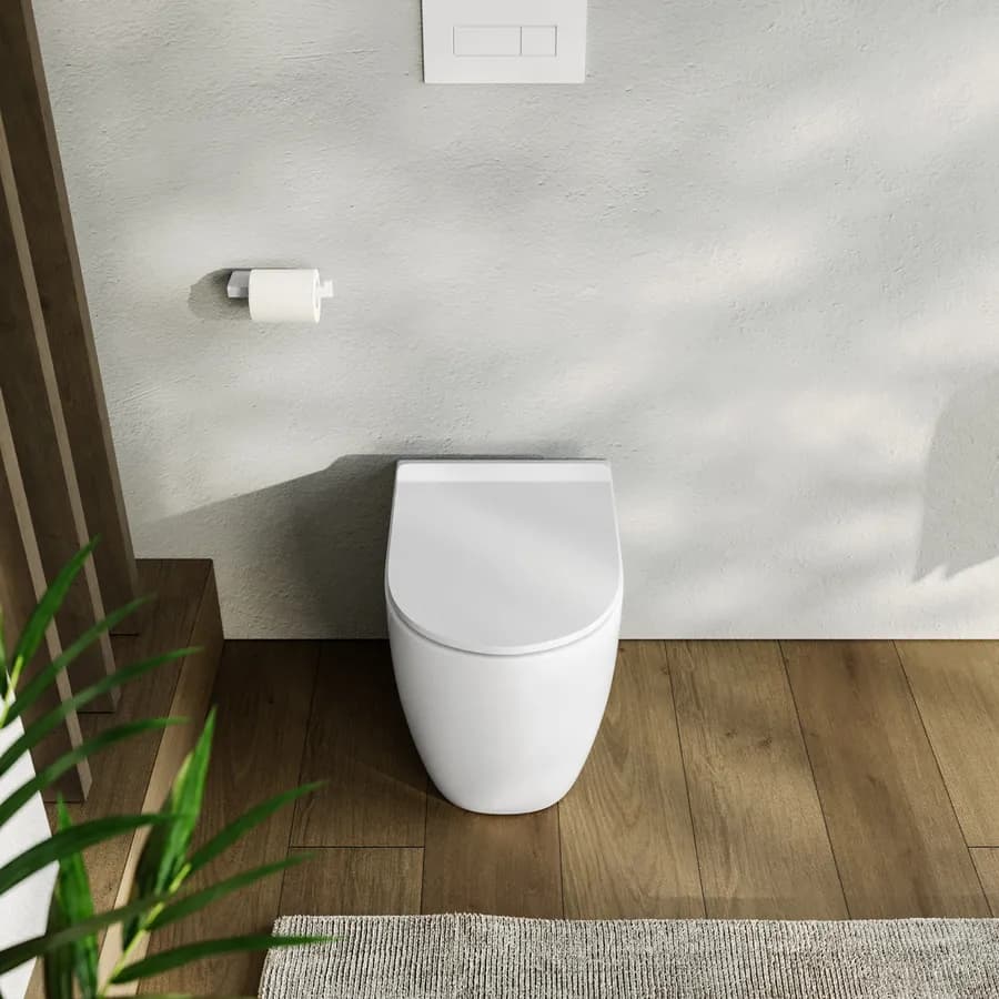 Vaso filomuro in ceramica con scarico traslato e copriwc softclose - One