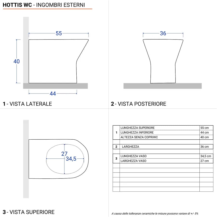 Vaso filomuro in ceramica con sedile copriwc soft close - Hottis