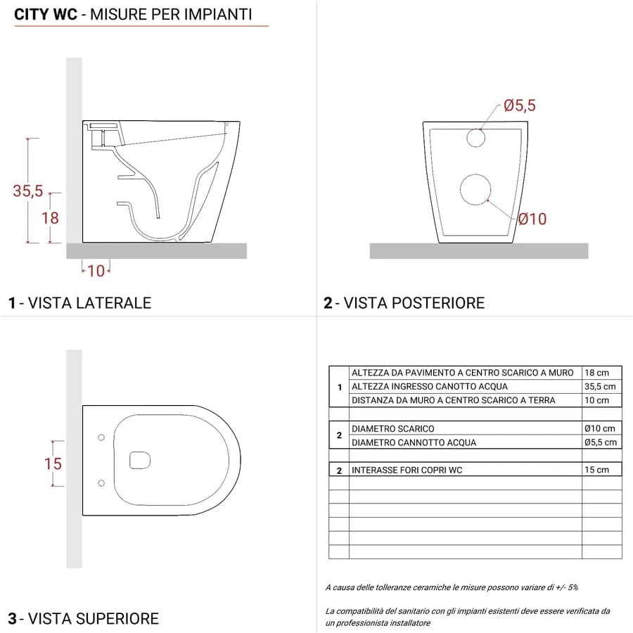 Vaso filomuro in ceramica rimless con copriwc slim softclose - City