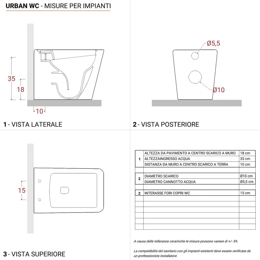 Vaso filomuro in ceramica rimless con copriwc softclose - Urban