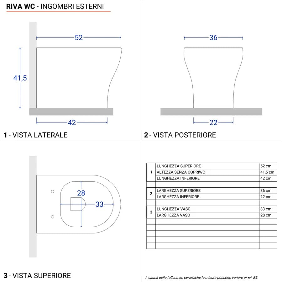 Vaso filomuro in ceramica sedile SoftClose bianco lucido - Rivas