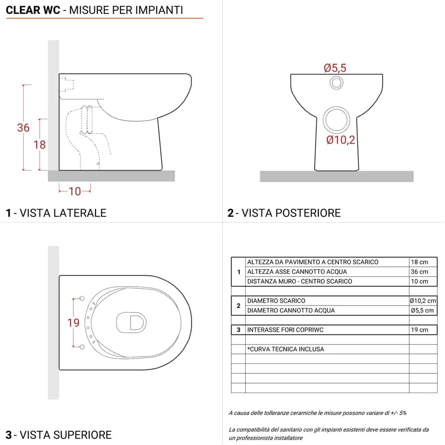 Vaso filomuro senza brida in ceramica con copriwc softclose - Clear