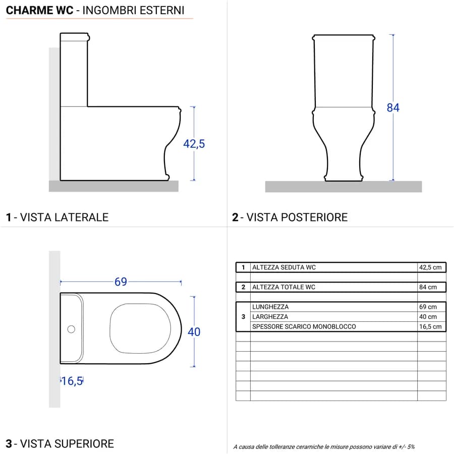 Vaso monoblocco Charme di Azzurra con sedile con chiusura rallentata e cassetta di scarico