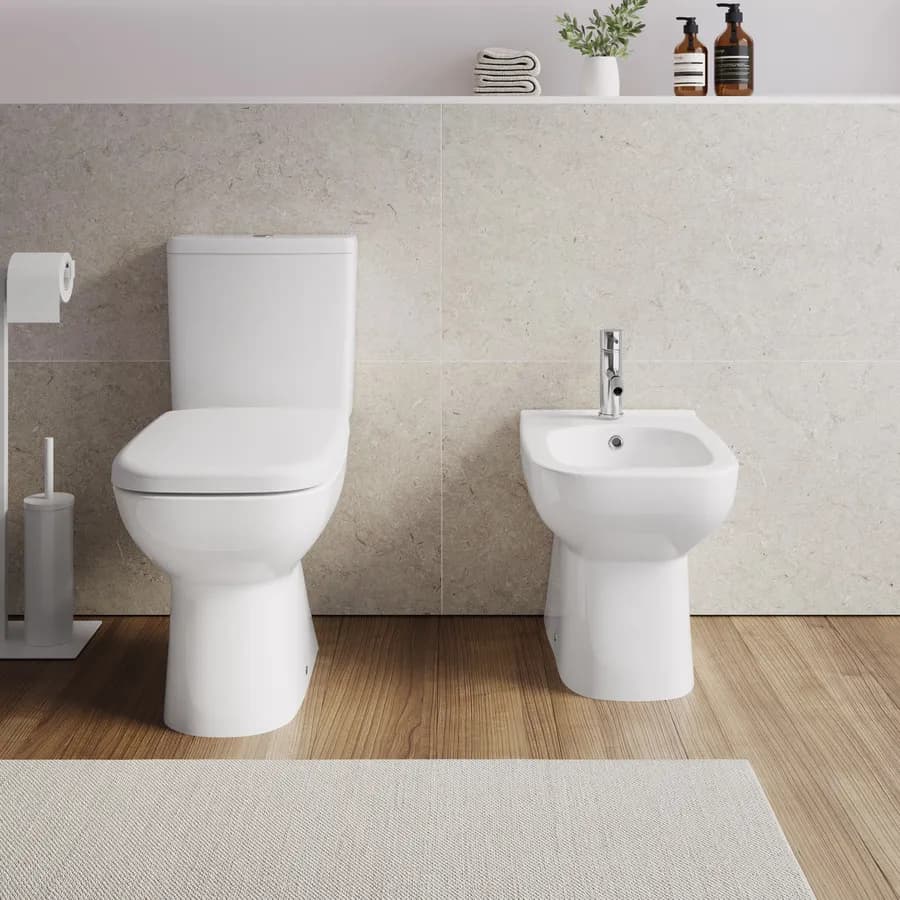 Vaso monoblocco tradizionale in ceramica con cassetta e bidet filomuro con sedile Soft Close - Proven