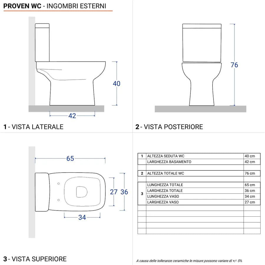 Vaso monoblocco tradizionale in ceramica con cassetta e bidet filomuro con sedile Soft Close - Proven