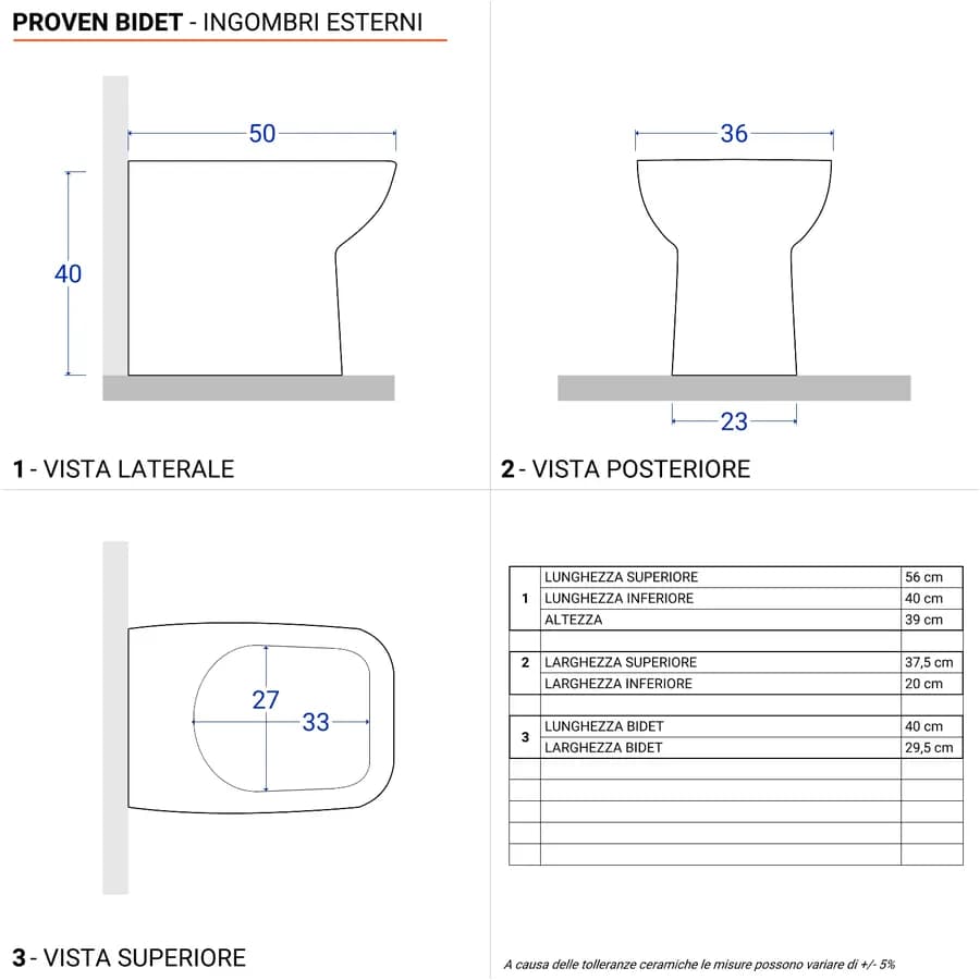 Vaso monoblocco tradizionale in ceramica con cassetta e bidet filomuro con sedile Soft Close - Proven