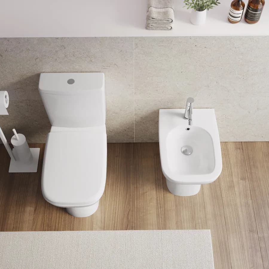 Vaso monoblocco tradizionale in ceramica e bidet filomuro con cassetta e sedile - Proven