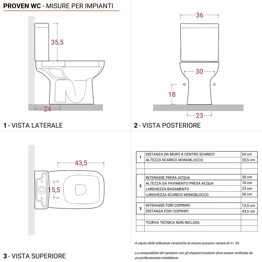 Vaso monoblocco tradizionale in ceramica e bidet filomuro con cassetta e sedile - Proven