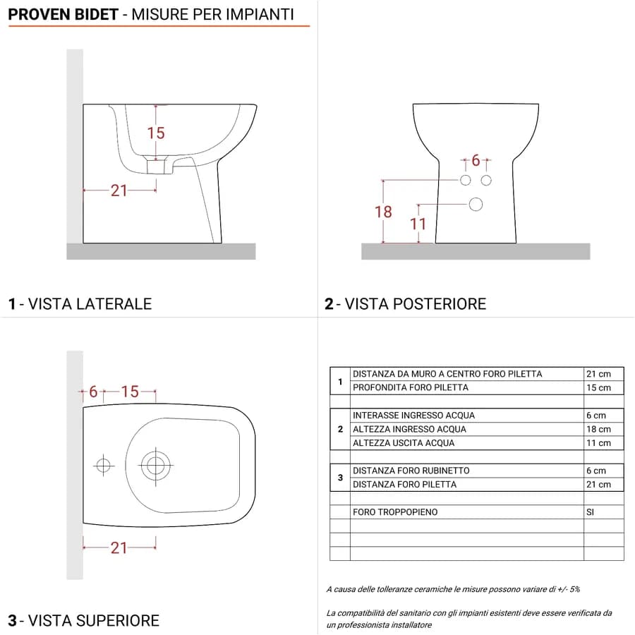 Vaso monoblocco tradizionale in ceramica e bidet filomuro con cassetta e sedile - Proven