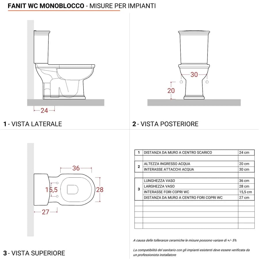 Vaso monoblocco con sedile in ceramica bianca - Fanit