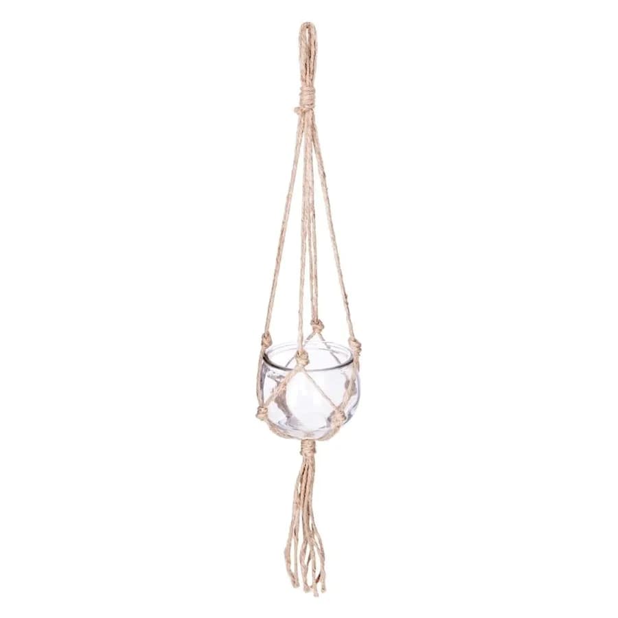 Vaso pendente rotondo 11 cm in vetro con corda naturale in juta macramè