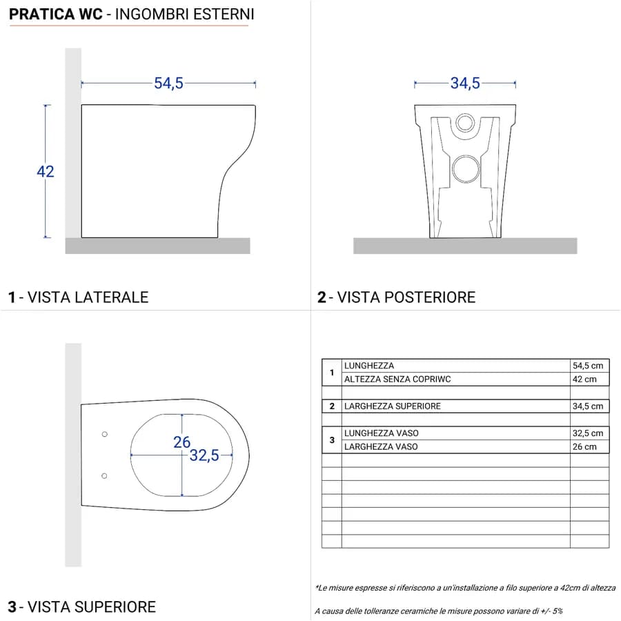 Vaso singolo filo parete Azzurra Pratica ceramica bianco wc con sedile copriwc water