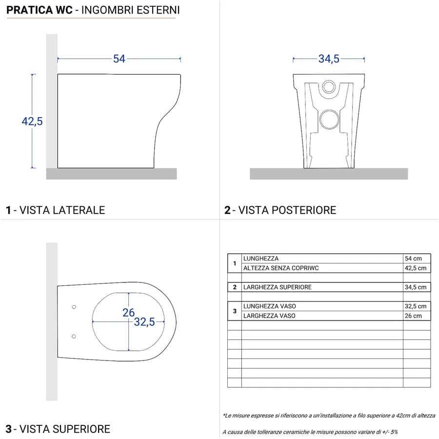 Vaso singolo filoparete wc Pratica Azzurra con scarico traslato + sedile softclose