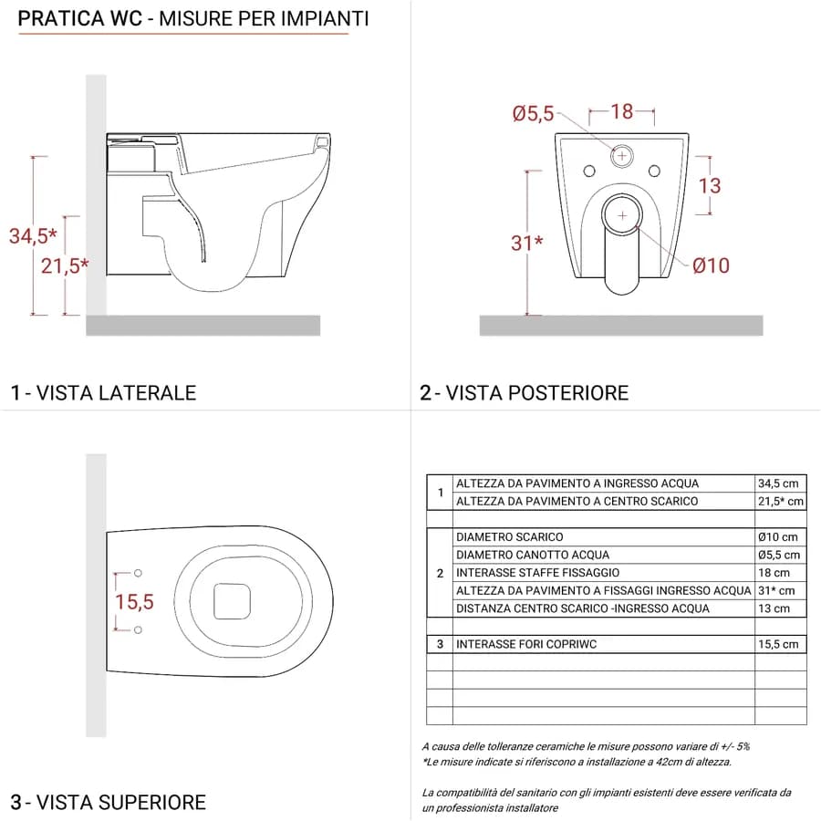 Vaso singolo in ceramica sospeso Pratica Azzurra completo di copri-wc avvolgente