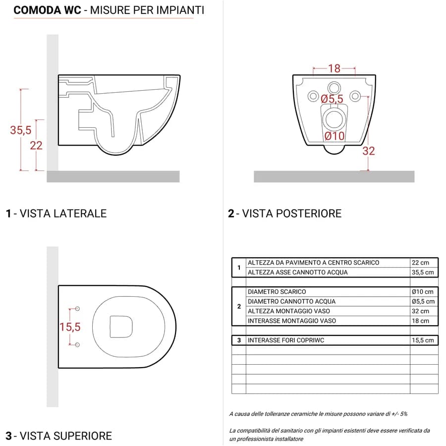 Vaso sospeso Azzurra Serie Comoda in ceramica con copri wc