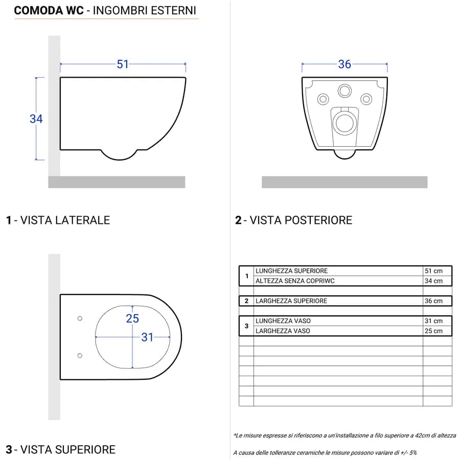 Vaso sospeso in ceramica easy clean Serie Comoda di Azzurra con copri wc Soft Close