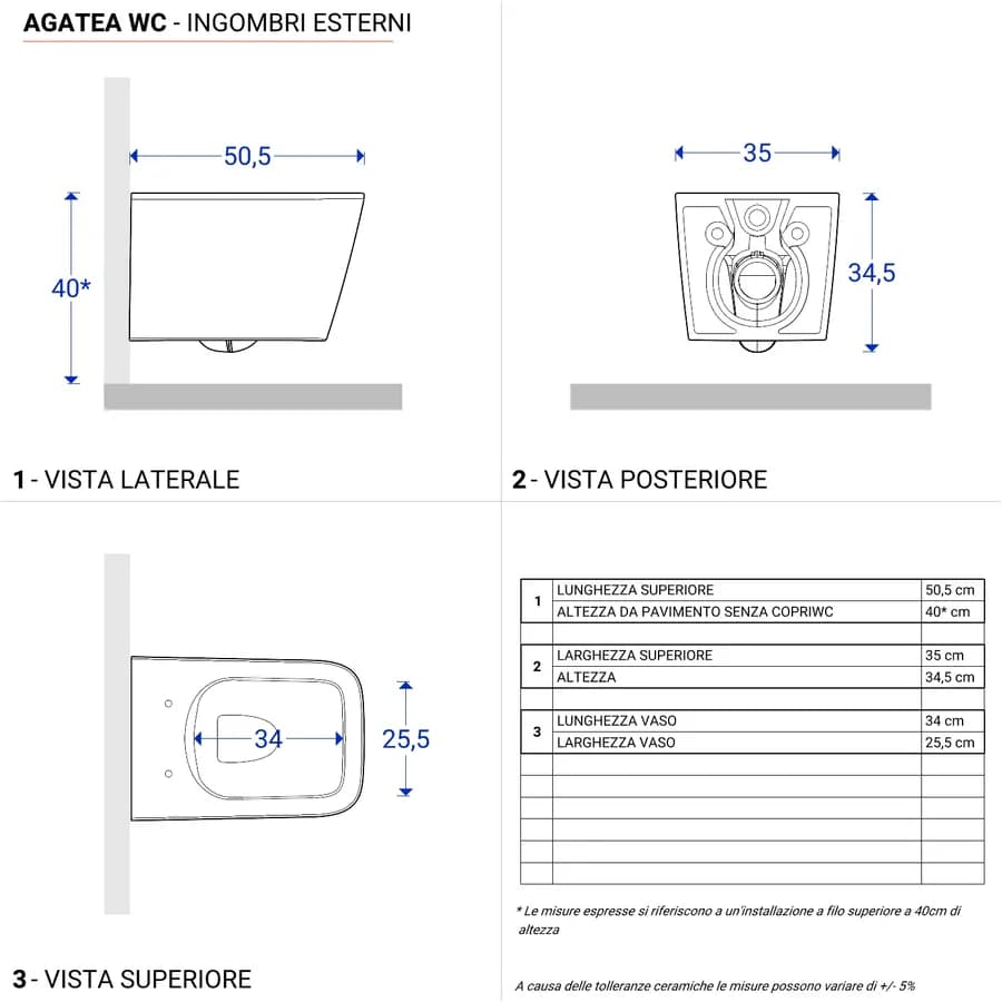 Vaso sospeso rimless ceramica bianco lucido con sedile soft-close - Agatea