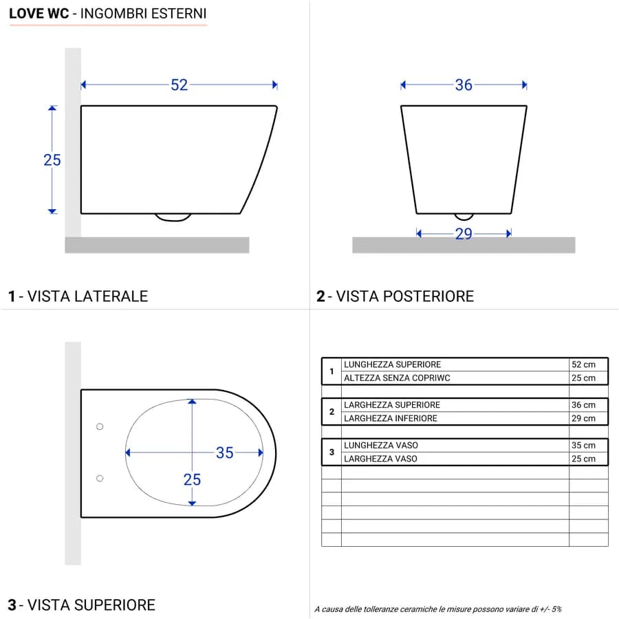 Vaso sospeso rimless in ceramica con sedile Soft Close bianco lucido - Love