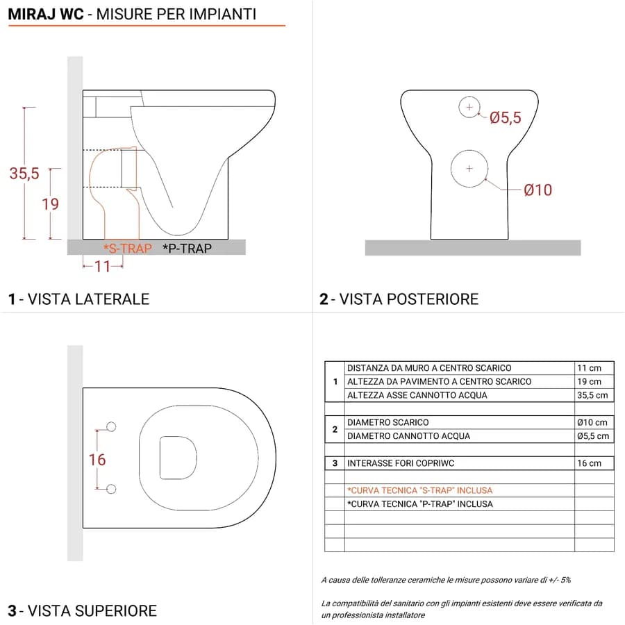 Vaso wc filo muro 51x37 cm salvaspazio completo di sedile copriwc - Miraj