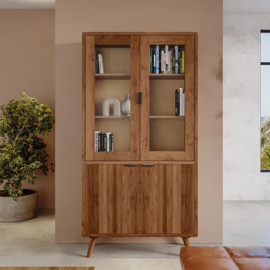 Vetrina 100x192h cm in legno di acacia cannettato con 4 ante - Nabila