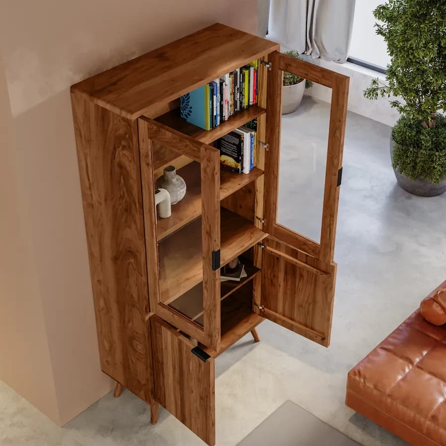 Vetrina 100x192h cm in legno di acacia cannettato con 4 ante - Nabila