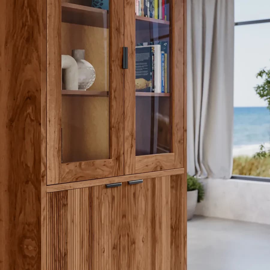 Vetrina 100x192h cm in legno di acacia cannettato con 4 ante - Nabila