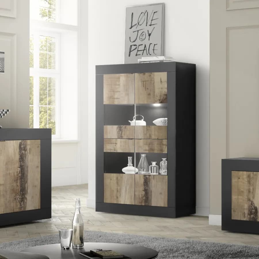 Vetrina 102 cm con quattro ante nero e legno - Geila