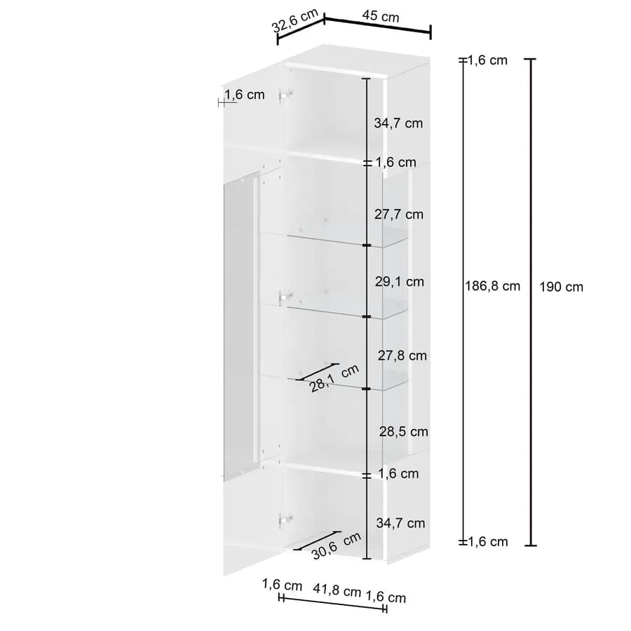 Vetrina 45x190h cm bianco lucido con 1 anta e 5 ripiani- Carim