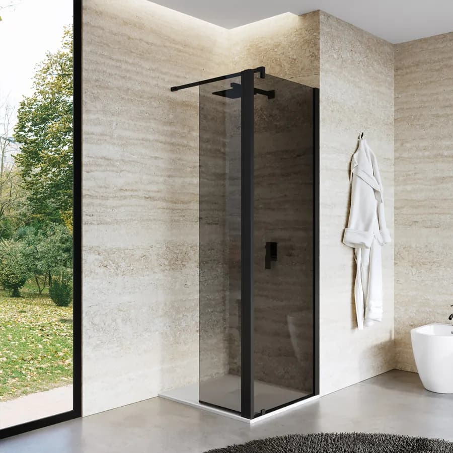 Walk-In 100 cm con parete girevole 45 cm in vetro temperato fumè e profilo nero - Keep