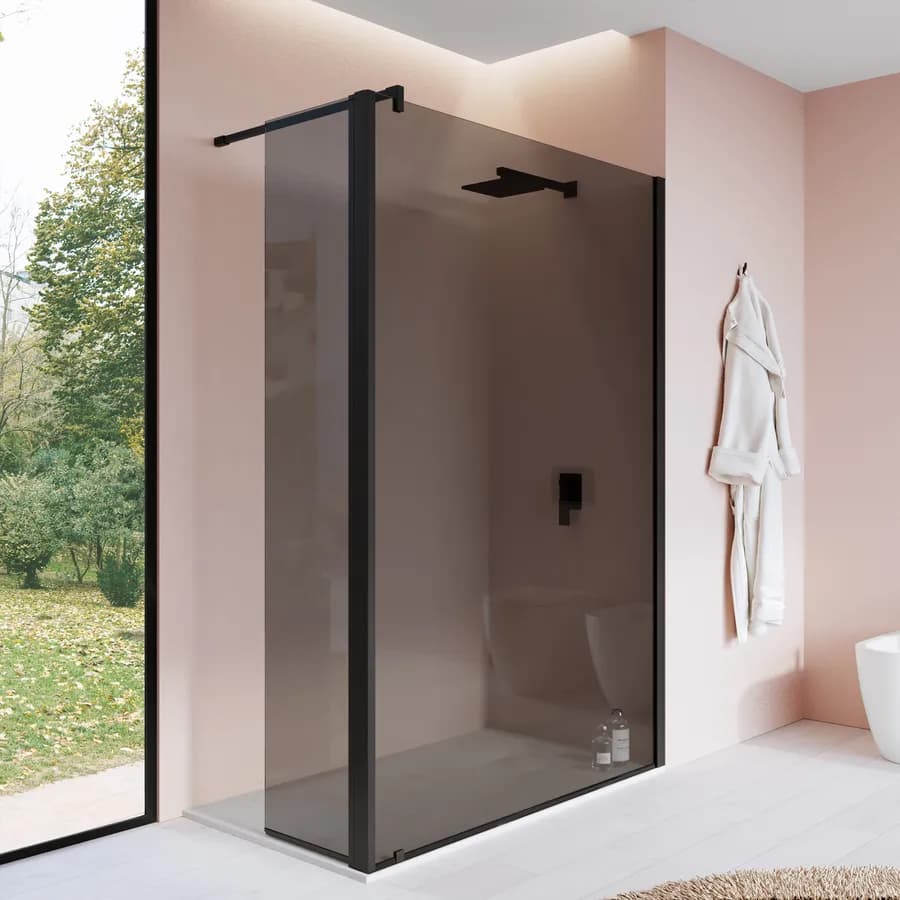 Walk-In 140 cm con parete girevole 45 cm in vetro temperato fumè con profilo nero - Keep