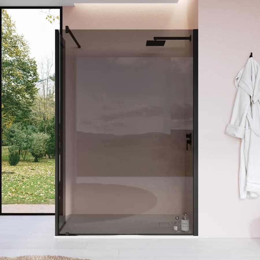 Walk-In 140 cm con parete girevole 45 cm in vetro temperato fumè con profilo nero - Keep
